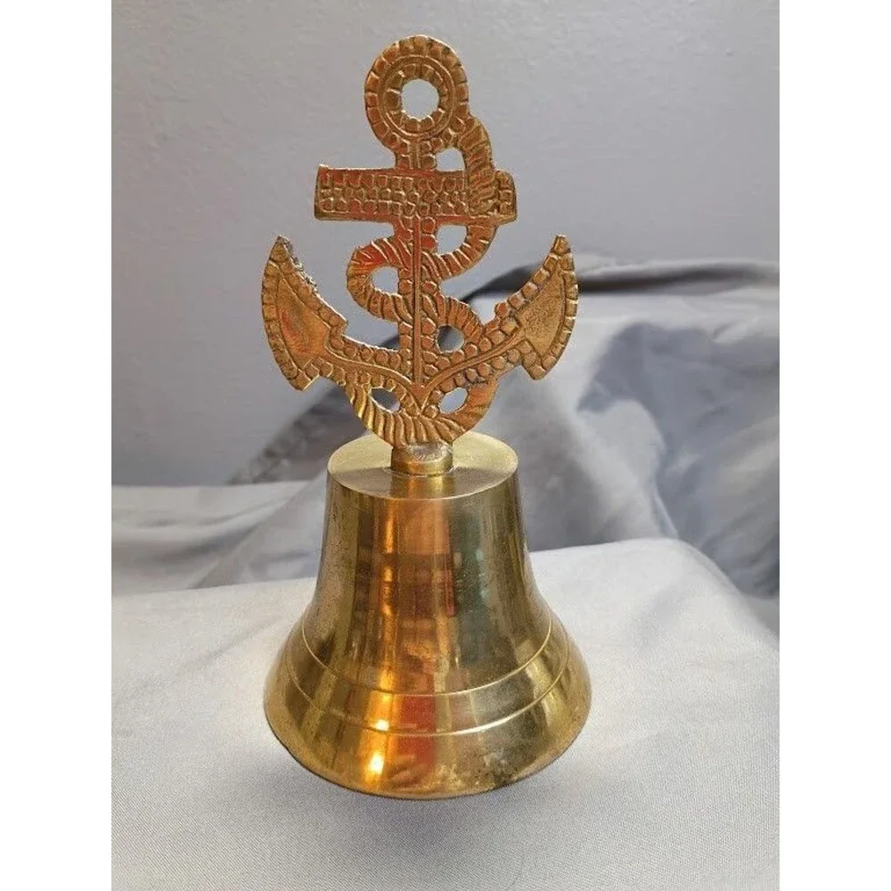 Vintage Brass Hand Bell Nautical Ship Anchor Ropes Shelf Table Maritime
